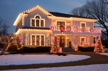 Wall Mural - Beautifully decorated house at night with Christmas lights