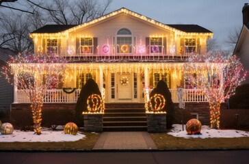 Wall Mural - Beautifully decorated house at night with Christmas lights