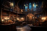 Fototapeta Londyn - Vibrant medieval library ambiance filled with books and candlelights. Generative AI
