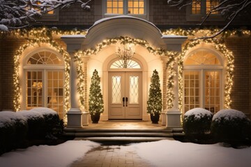 Wall Mural - Beautifully decorated house at night with Christmas lights