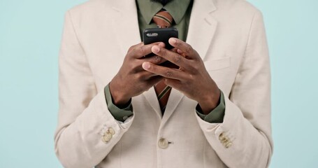 Poster - Hands, phone and communication with a business man closeup in studio on a blue background for networking. Mobile, contact or social media with an employee typing a text message or post on an app