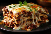 Appetizing Freshly Cooked Lasagna With Cheese And Herbs Close-up. Beautifully Served On A Dark Plate.