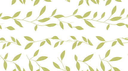 Tea leaves on white background, vector seamless pattern in flat hand drawn style