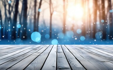 Winter forest background with snowflakes and wooden planks. Winter landscape.