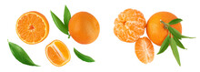 Tangerine Or Clementine With Green Leaf Isolated On White Background With Full Depth Of Field. Top View. Flat Lay