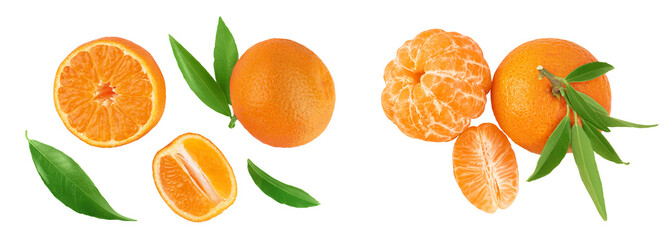 Wall Mural - Tangerine or clementine with green leaf isolated on white background with full depth of field. Top view. Flat lay