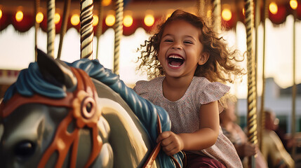 Happy toddler kid joyfully ride a carousel horse. Classic round carousel with horses, magic childhood, amusement park. 