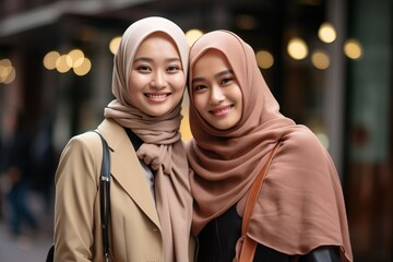 wo girls with headscarves embracing on a street in a city