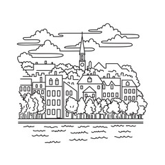 Wall Mural - Mono line illustration of Old Town Alexandria along the Potomac River in the city of Alexandria, Virginia, United States of America done in monoline line black and white art style.
