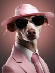 Canvas Print - A dog wearing a pink hat and sunglasses. Generative AI.