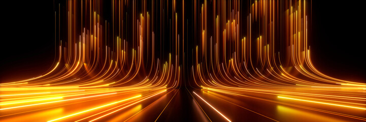 3d rendering. Abstract digital wallpaper. Golden neon lines sliding up over the black background