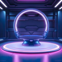 Wall Mural - Sci-fi product podium showcase in empty spaceship room with blue earth background. Cyberpunk blue and pink color neon space technology and entertainment object concept.   | Generative AI