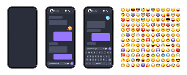 Smartphone messaging app, user interface with emoji. SMS text frame. Chat screen, violet message bubbles. Texting app for communication. Social media application. Dark mode. Vector illustration