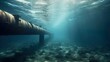 Natural gas pipeline is laid under water on the seabed. Gas pipes oil energy. Underwater view. Energy equipment. Fuel power technology. Gas industry. Energy resources.