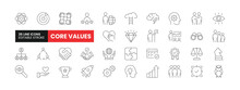 Set Of 36 Core Values Line Icons Set. Core Values Outline Icons With Editable Stroke Collection. Includes Core Values, Empathy, Mission, Team, Organization, And More.