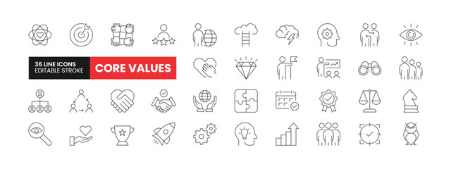 Set of 36 Core Values line icons set. Core Values outline icons with editable stroke collection. Includes Core Values, Empathy, Mission, Team, Organization, and More.