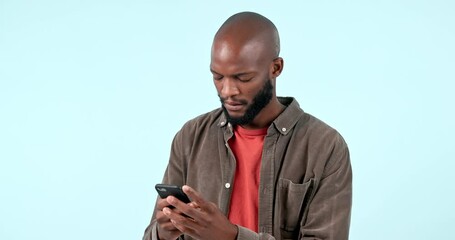 Poster - Wow, fake news and black man with phone in studio for scam, notification or phishing on blue background. Wtf, stress and African male model with smartphone glitch, error or social media hacker alert