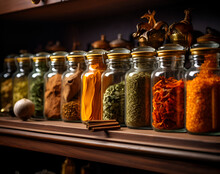 A Row Of Glass Jars Filled With Spices. A Row Of Jars Filled With Various Spices In A Kitchen Cabinet.