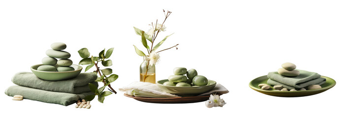 Png Set Green plate holding spa stones and towel isolated on transparent background