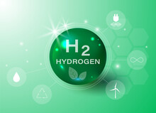 H2 Hydrogen Molecule Gas Pump. Floating Round Elements And Molecules With Text H2 And Hydrogen. Ecology, Biology And Biochemistry Concept Of Renewable Fuel Green Energy