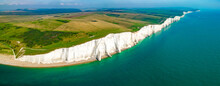 An Aerial Drone View Of The Seven Sisters Cliffs On The East Sussex Coast, UK