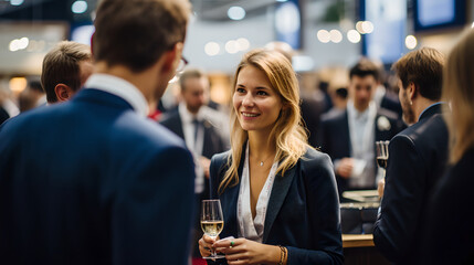 Wall Mural - happy businesswoman laughing while holding drink glass during networking event at convention center,