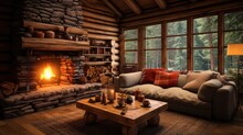Interior Of A Wooden Log Cabin With A Warm And Textured Log Wall.