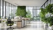 Eco-friendly office interior with air-purifying plants, reducing CO2
