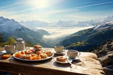 Breathtaking Breakfast Mountains Winter. Dinner Terrace. Generate Ai