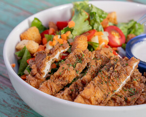 Sticker - Delicious salad with crispy chicken and dressing, healthy food.