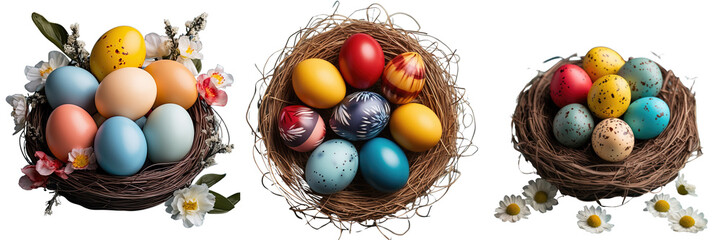 Canvas Print - Png Set Eggs of different colors placed on a transparent background One flower shaped egg made of two red yellow green and blue eggs Quail eggs in a basket