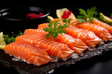 Wall Mural - Appetizing salmon on a dark background with selective focus