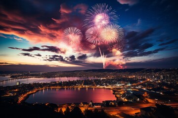 Canvas Print - Fireworks over the city. Merry christmas and happy new year concept