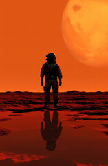 Wall Mural - Astronaut stands on the surface of a red planet ai generated