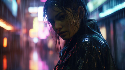 Wall Mural - A striking tableau of the Stealth Cyborg paused midstride in an abandoned alleyway, her outline distorted by the cloaking field, while raindrops cascade around her, refracting the neon