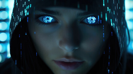 A Technomancer hovers in front of an enormous floating holographic screen, their eyes reflecting the cascading lights as they rewrite the source code of a corrupted computer virus, purging