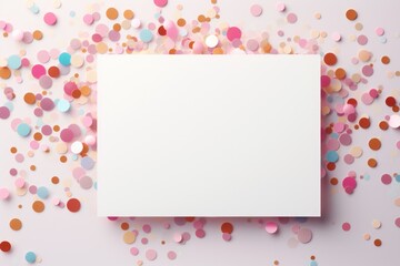Poster - White greeting card over scattered colorful sequins and confetti on isolated white background with blank space. Mockup template. Flat lay, top view with place for text