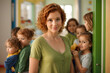 Horizontal shot of a kindergarten teacher in classroom dressed in green t shirt surrounded by children