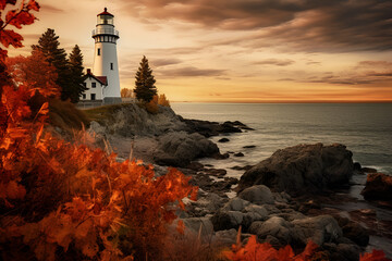 Wall Mural - lighthouse at dusk in autumn 