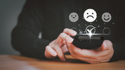 Poster - Business service concept of customer experience dissatisfied. Customer give the feedback with angry emotion face on virtual screen. Assessment testimonial review for dislike service and low quality.