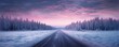 Banner with winter panorama landscape. Forest, trees and road covered snow. Sunrise, winterly morning of a new day. Purple landscape with sunset. Happy New Year and Christmas concept