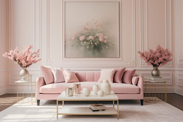 Elegant and Cozy Living Room Interior in a Delicate Pink Color Scheme, Featuring Plush Furniture and Chic Decor