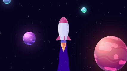 looped cartoon spaceship adventure animation. rocketship in the space among the planets. video anima