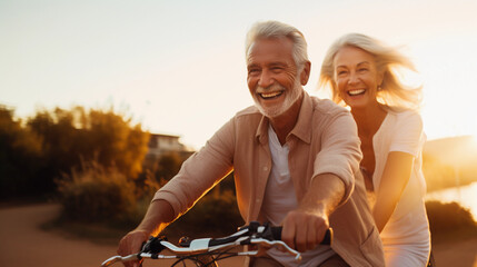 Happy aging retirement senior citizen. Elderly 70 year old pensioner smiling at golden hour.