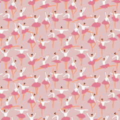 Ballerina posing in soft pastel pink pattern. Vector seamless pattern design for textile, fashion, paper and wrapping. 