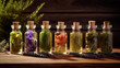 Bottles with tinctures or infusions of healthy herbs and medicinal plants on wooden board.