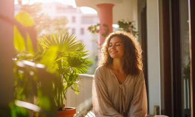 Young woman relishing a moment of peace and reflection on her balcony, emanating gratitude and contentment and enjoying sun rays