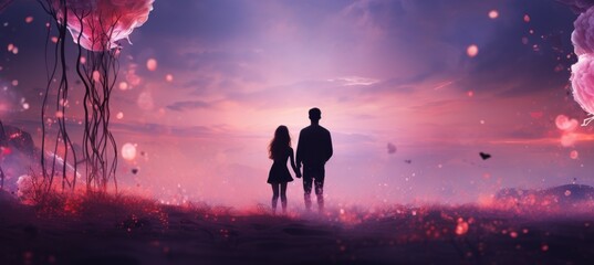 Wall Mural - Romantic couple at romantic fantasy field. Generative AI technology.	
