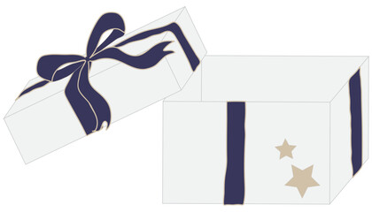 Event gift box package illustration set. Present, Ribbon, Stars. Vector drawing. Hand drawn style. Open and closed.Flat style special celebration, birthday party, surprise.