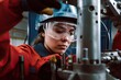 Female apprentice operating yoke machine in factory wearing protective glasses. Photo generative AI